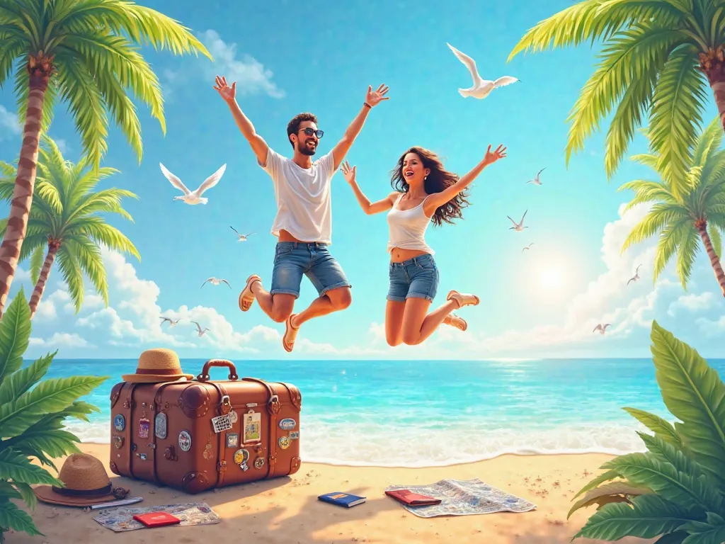 A vibrant and joyful travel-themed digital illustration. A young man and woman, both casually dressed in summer outfits, are joyfully jumping out of a large smartphone screen that displays a bright blue sky with soft clouds. The background features a tropi...