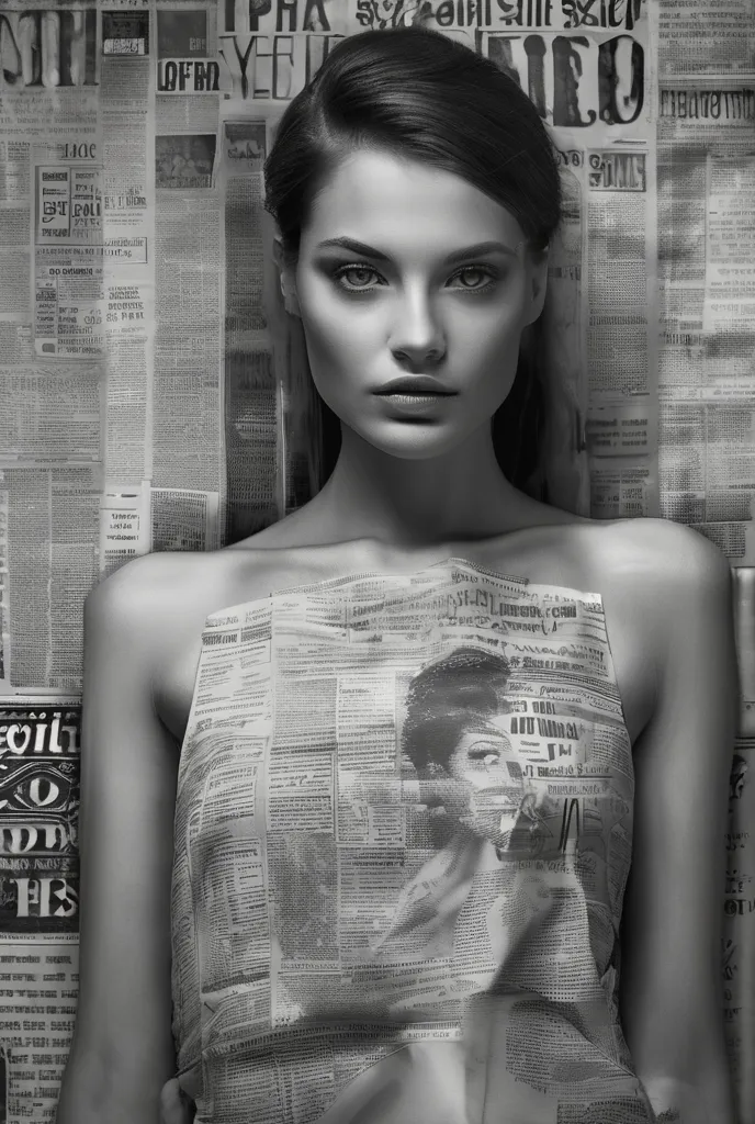 A mysterious young woman with glowing newspaper text and headlines "Paint on me." elegantly patterned across her face and skin like delicate tattoos, captured in dramatic black and white photography with rich grayscale tones. while she has green eyes. Her ...