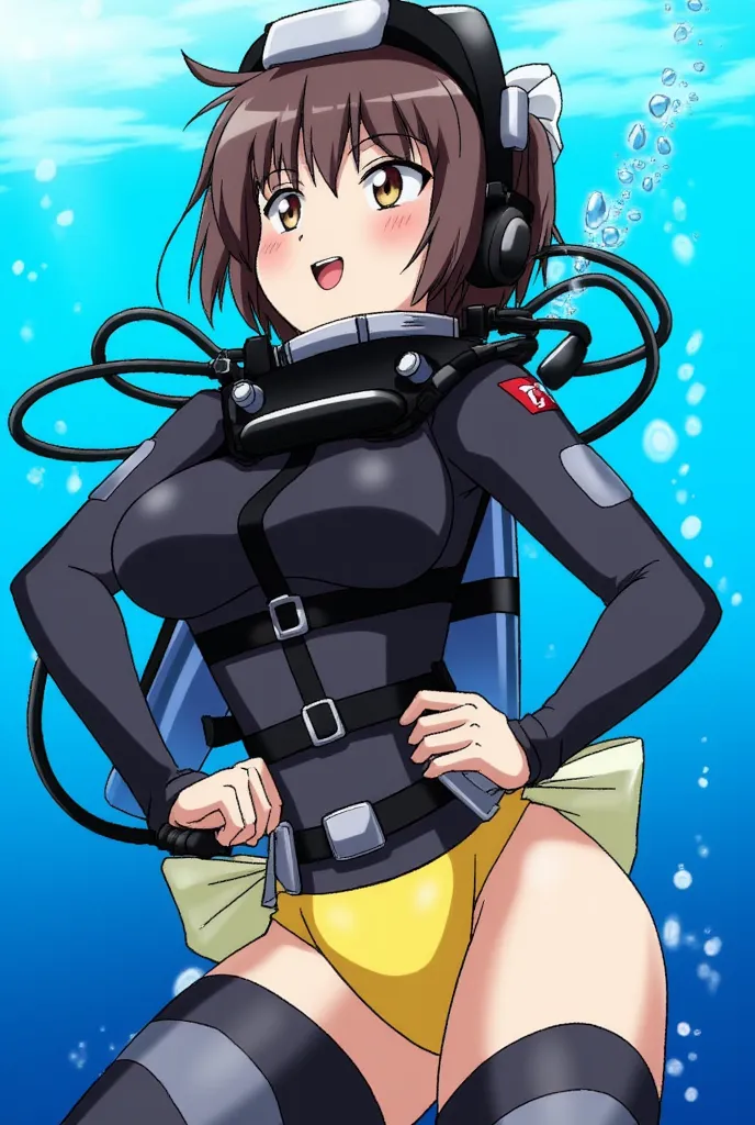 Pissing, peeing,urinating, wet diaper Girl, full diving suit, full diving helmet, diaper under suit, peeing, urinating, underwater yellow diaper