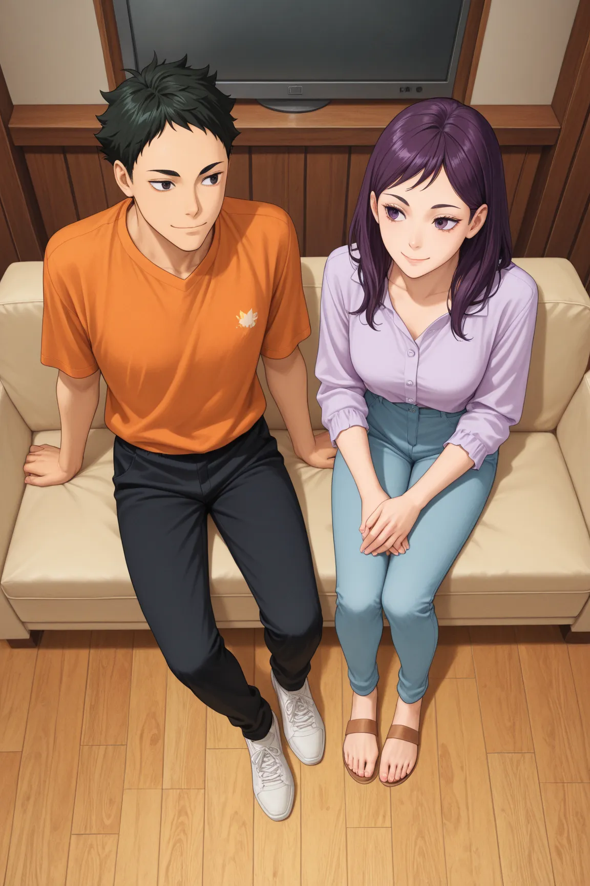 High-quality, full body Screencap anime ,two guys, detailed face,female adult, long purple hair , smile, Screenshot/Screencap from Haikyuu, charming, relaxing sitting , upper view,multi colors, home wear , sitting on a caoch, upper angle,1 man with black h...