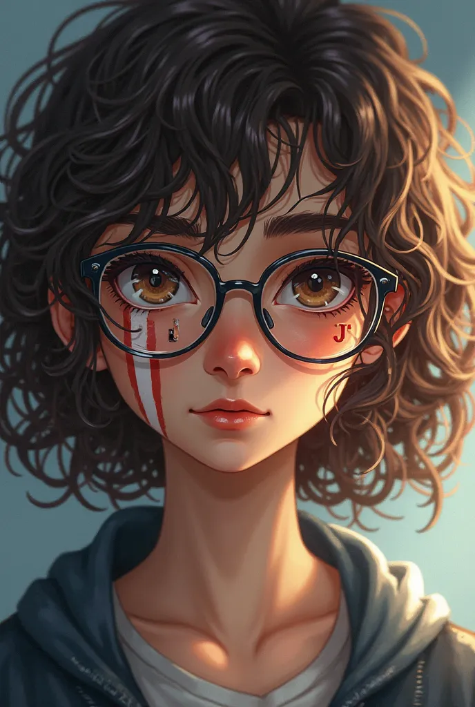 brown very curly hair hazel eyes a J engraved scar on her right eyes a white streak of hair in her hair and glasses she is 14 she has a J ENGRAVED SCAR ON HER RIGHT EYE