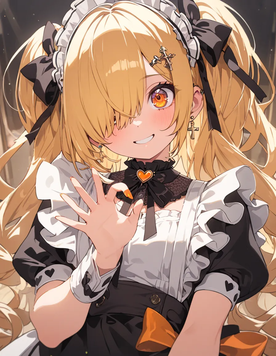 (((alone))),Looking up from below,Very cute face, cute girl,  long, twin-tail hair, ((Golden hair color)), Bangs over one eye,   orange eyes  , big eyes,Gorgeous maid outfit,Beautiful skin, Hairpin,Hand gesture heart,  best smile , ,  cross piercing ,beaut...