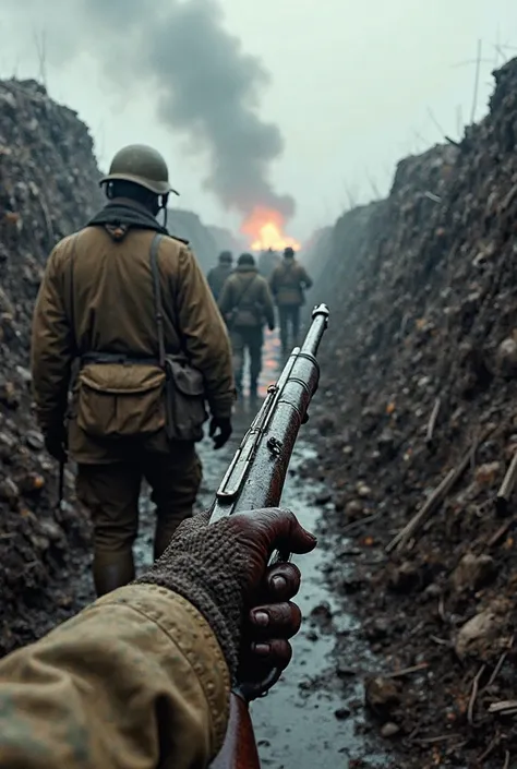 "First-person perspective of an African soldier arriving at the European front during World War I. The soldier’s cold, trembling hands clutch a vintage bolt-action rifle just handed to him. The environment is harsh and historically accurate — muddy, narrow...