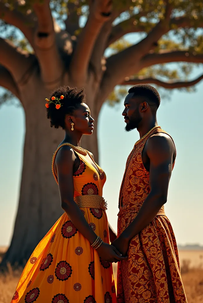 *"Un couple africain majestueux sous un ciel étoilé, baigné par une douce lumière dorée. La femme, au teint caramel, porte une robe longue en wax aux motifs vibrants, avec une fente élégante et une coiffe sculpturale qui met en valeur son allure royale. So...