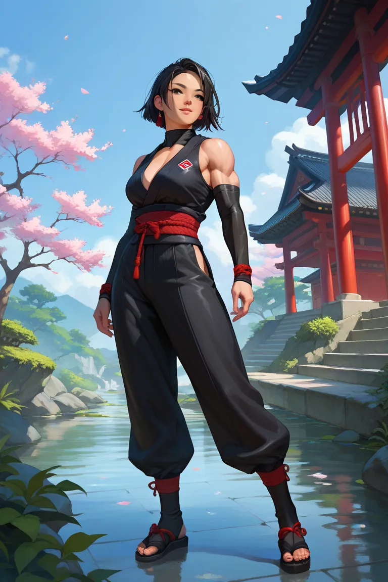 Full Body Image, Full Style,  1girl  ( female ninja, Kunoichi,  black hair, short hairstyle, muscular body, ),  black ninja costume ,  Japanese Castle,