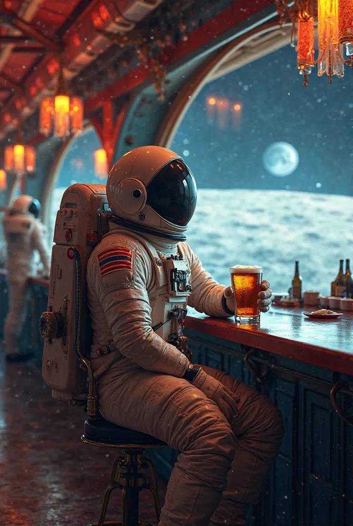 Make me a phone wallpaper for a astronaut who drink one beer in a glass and he is on a moon and be is in a moon pub