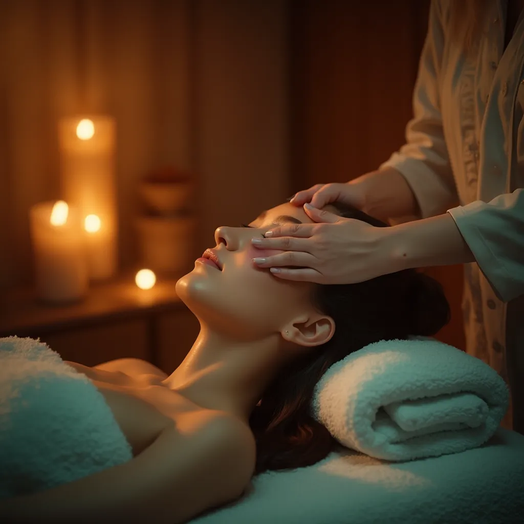 Image of a relaxed woman in a warm, cozy massage room, a therapist performing a gua sha massage. In the background are candles and soft lighting, creating an atmosphere of calm

The photo was taken by a professional photographer, super detailed realistic p...