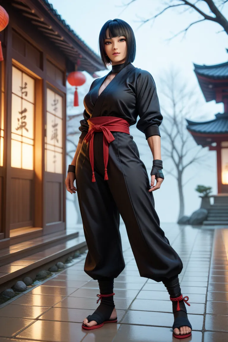 Full Body Image, Full Style,  1girl  ( female ninja, Kunoichi,  black hair, short hairstyle, muscular body, ),  black ninja costume ,  Japanese temples,