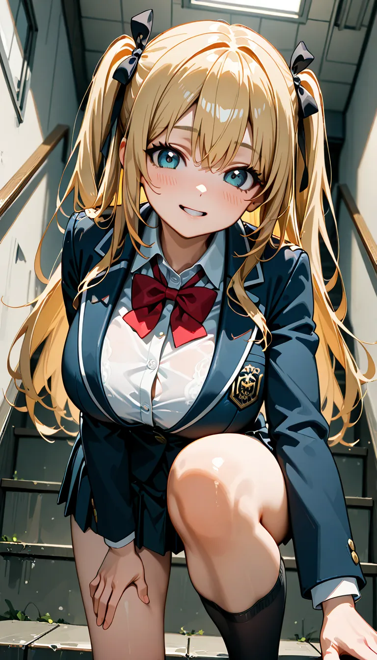 ((ultra-detailed)),   (highly detailed CG わ, (deep royal blue and white strips hair ribbon), ample breasts, school uniform, dark blue blazer, modern style with fitted jacket, red neck bow, long sleeves white frilled shirt, dark blue pleated skirt, black hi...