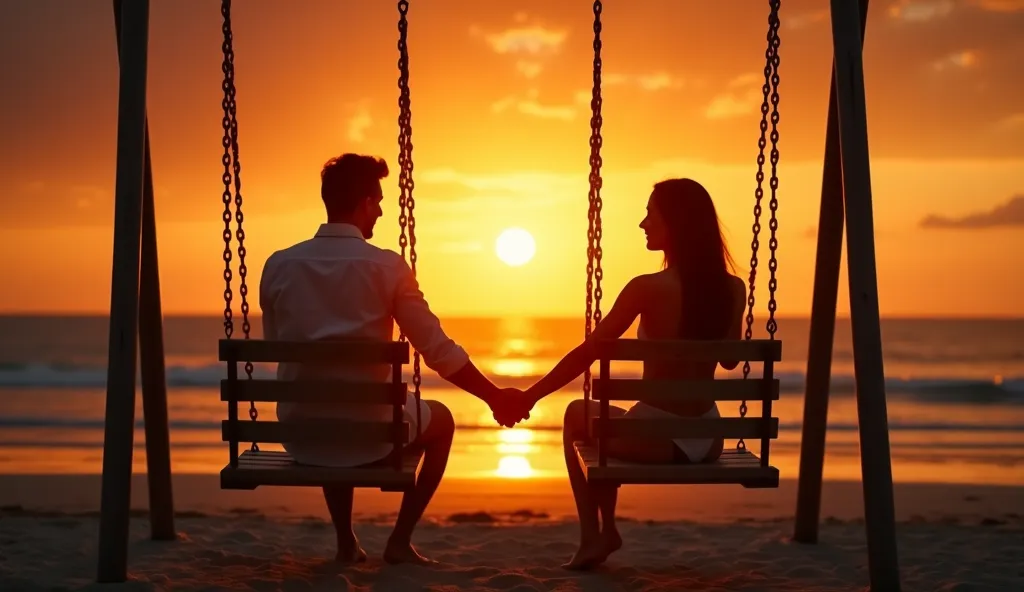 8k ultra HD realistic "A romantic sunset scene featuring a couple sitting on swings by the beach. Their silhouettes are beautifully highlighted against the golden-orange glow of the setting sun. They hold hands gently, creating an intimate and peaceful atm...