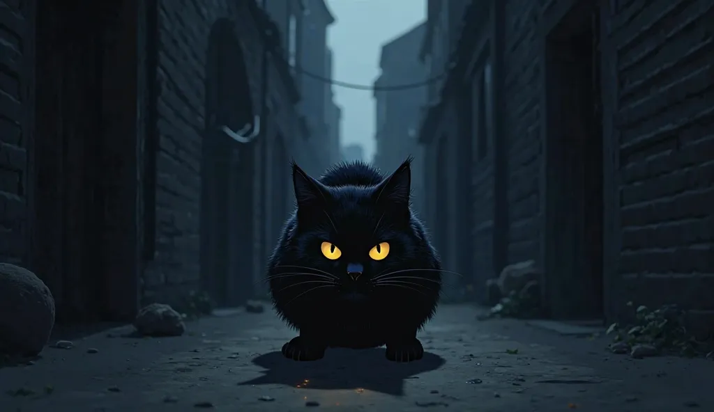 black cat crouching in a dark alley, golden eyes glowing in the darkness, scared and trembling, cartoon anime style, eerie but sympathetic atmosphere