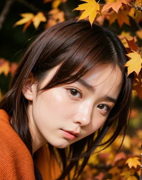 (4k, RAW photos, the best quality, masterpiece:1.2),Japanese,a girl,autumn leaves, watching the spectator,(sad:1.3),Tears fall,suéter oversize, 