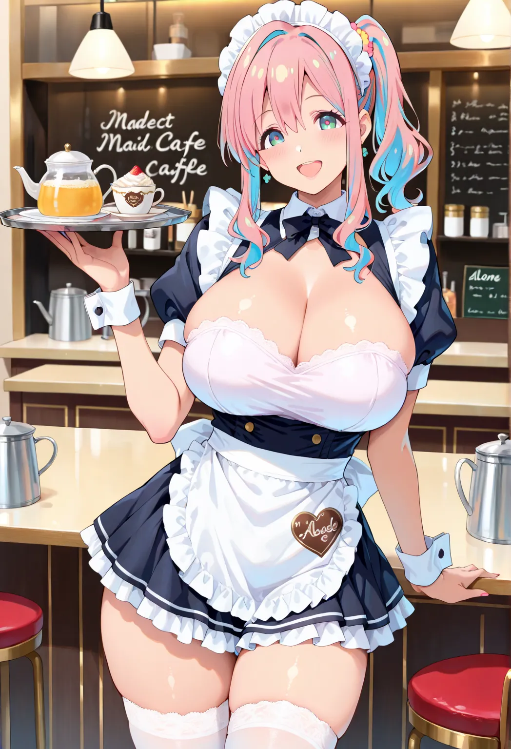 (Best Quality), (Very detailed), (Best illustrations),Gravure Model,maid cafe,( Hozuki Kaede),Alone,thighs, looking at viewer,maidcostume,standing,open mouth, shiny,smile,shiny hair,maid,1 girl, perfect body ,wide _Hip,(masterpiece:1.2),(best quality:1.2),...