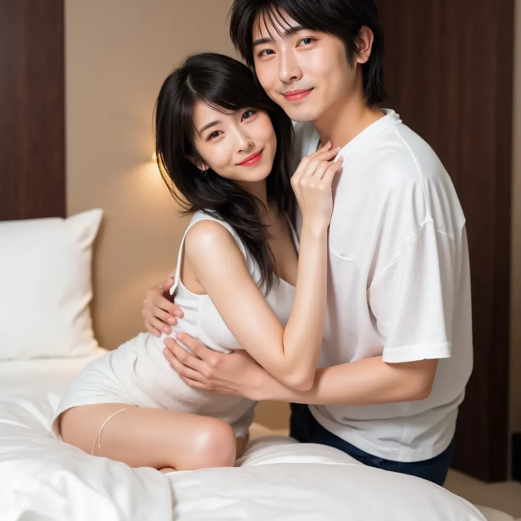 a beautifl japanese woman, slim, slender, 30yo, housewife and 1young age fat man, yo20, in hotel room, dark room, with bed,  hug, closed contact, smile, looking camera, from front view. 
BREAK woman bent over all fours on a bed.