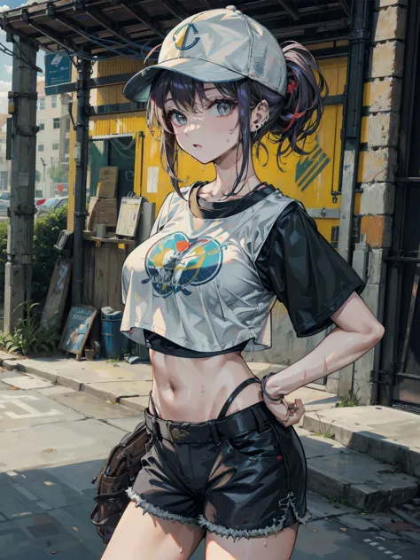 ideal ratio body proportions, perfect anatomy, correct body, earring, large breasts, narrow waist, short hair, black hair, wavy hair, hair behind ear, half updo, sweat, looking at viewer, cowboy shot, outdoor, baseball cap, black T-shirt, crop top, shorts,