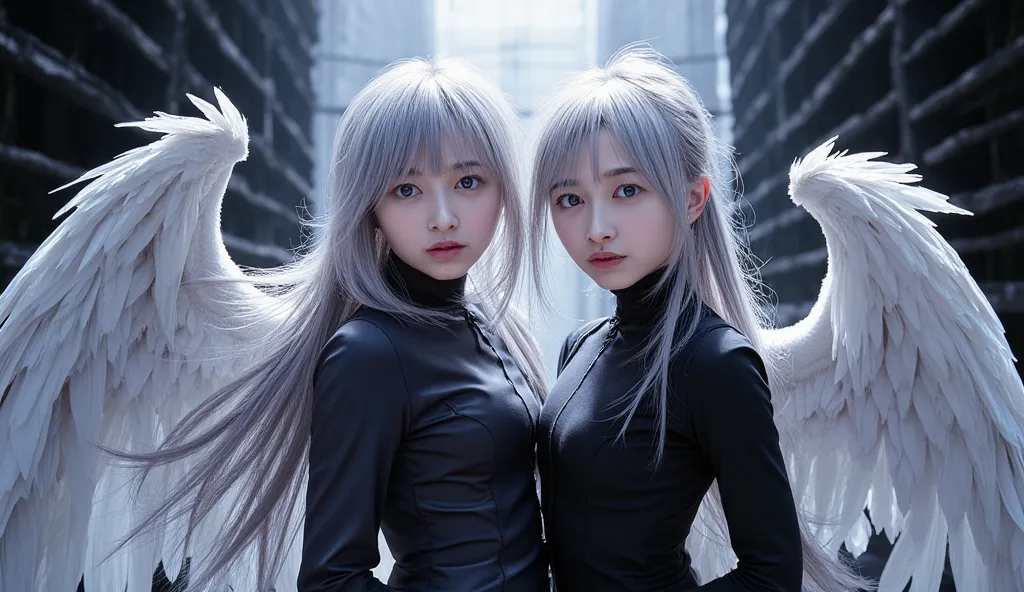  illustration of female characters with long gray hair and white eyelashes, is facing the front, in black clothes, With wings, and、Kim dressed in black .