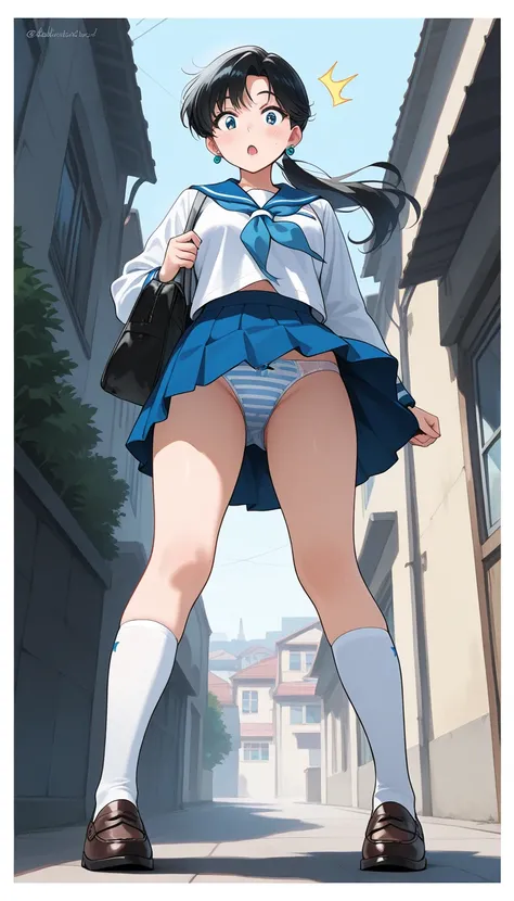 (beautiful girl : 1.3),1 girl,(sailor suit, Long Sleeve,Skirt,earrings, striped underwear ,high socks,loafers, pubic hair), black hair,ponytail, surprised, is embarrassing,風でSkirtがめくれる, student bag,Town, taken from below,masterpiece,Top Quality,super high ...