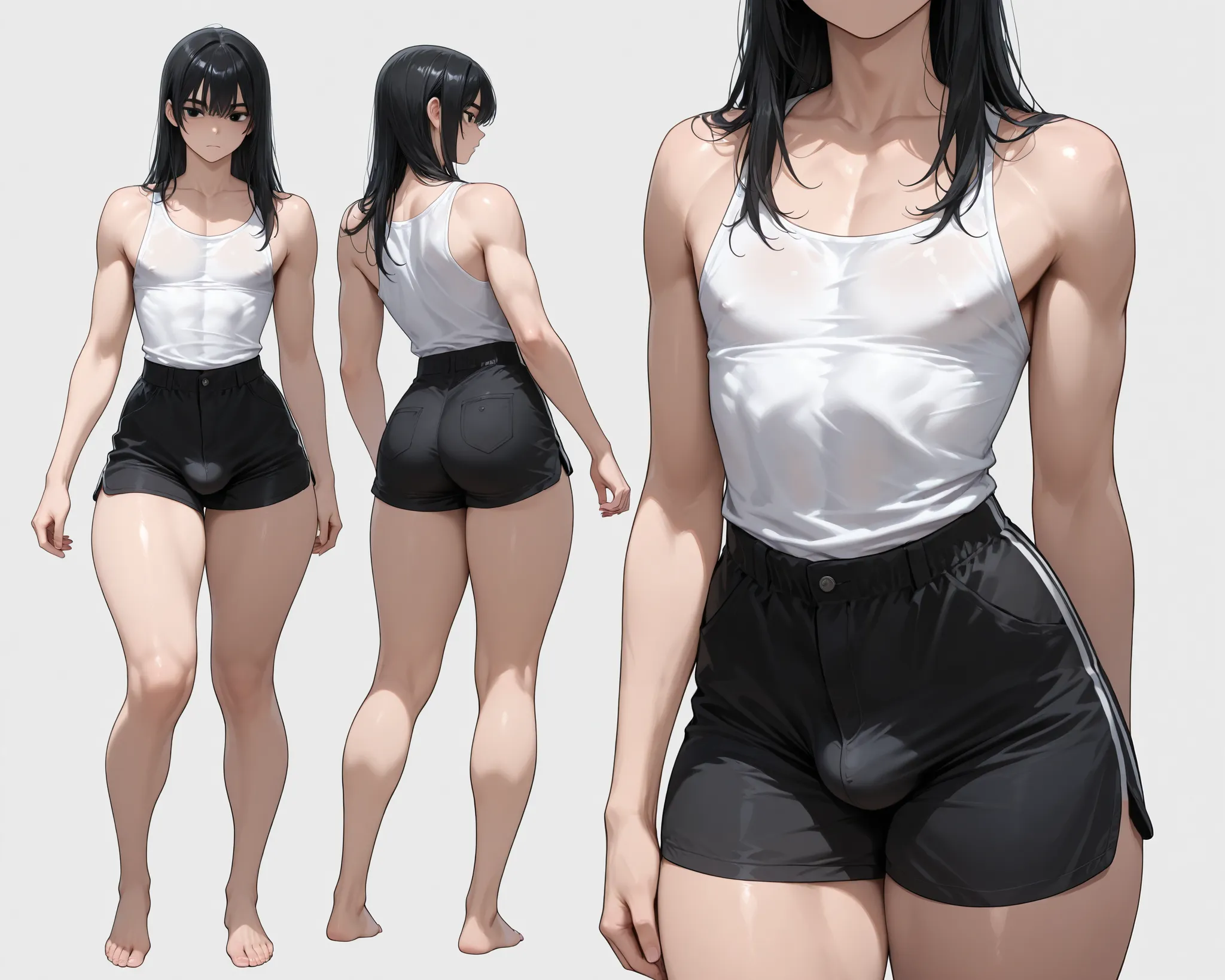 1boy, femboy, short, long black hair, black eyes, white tank top, black shorts, thick thighs, slender frame, soft, barefoot, small waist Multiple Views 