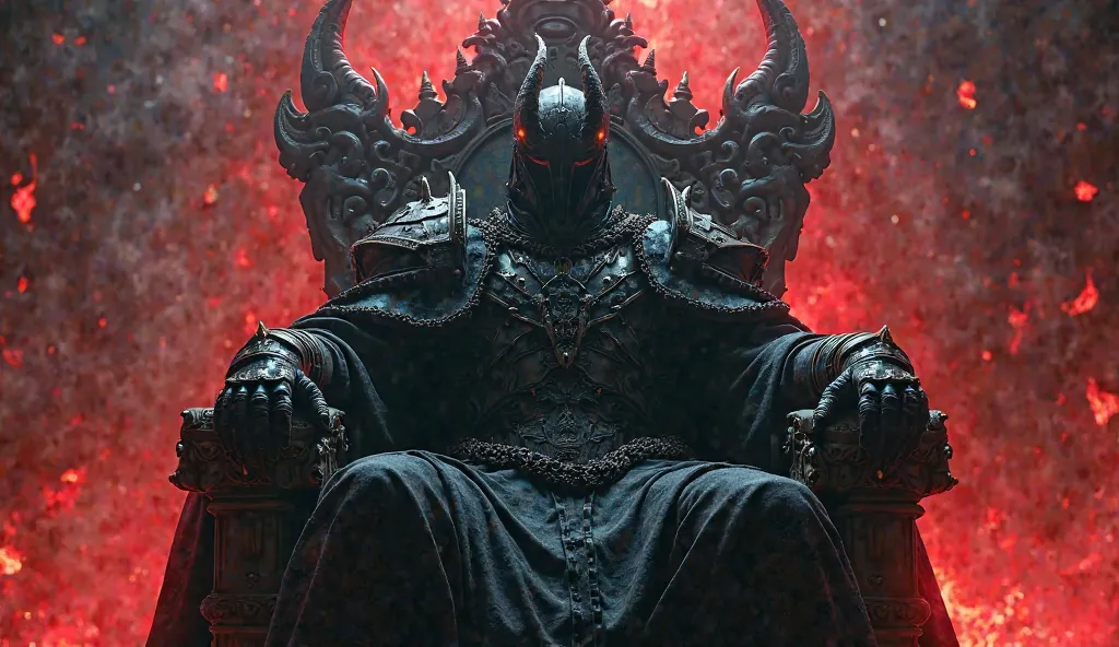 A dark, menacing armored figure sits on a gothic throne, surrounded by an ominous red glow. The figure is clad in black, spiked plate armor, with a horned helmet that conceals their face entirely in shadow. Their gauntleted hands rest firmly on the armrest...