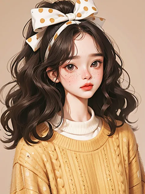 (masterpiece,  Woman:1.2),     A beautiful girl  ，  SKIN DETAILS  ， Detailed drawing of eyes ，soft hair curly hair， Wear a large bow on your head ，polka dot sweater，  small freckles， Contrasting retro colors 