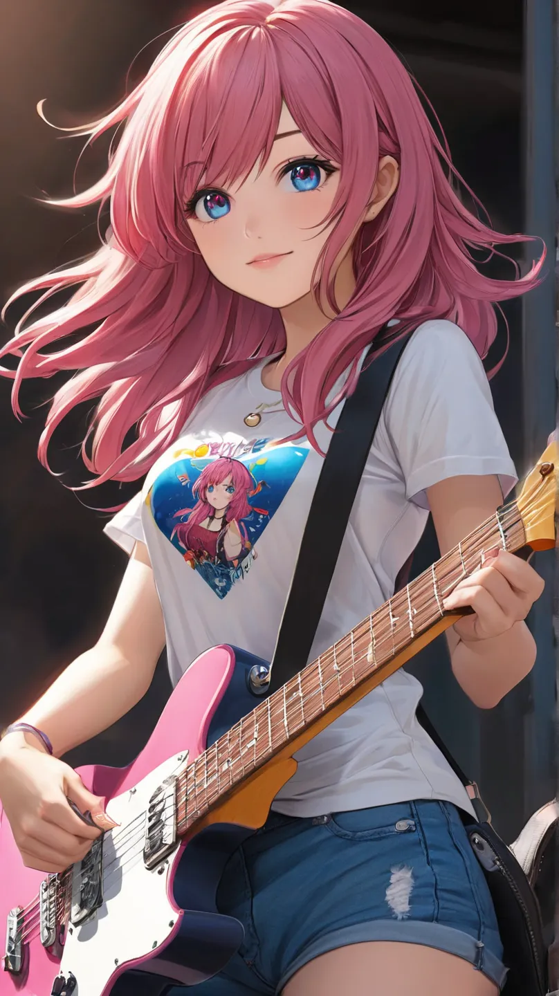  anime girl t-shirt, dark pink hair with a blue lock, light red eyes, he wears a tight shirt and a blue jean, is of short stature, It gives an air of rockstar playing the guitar