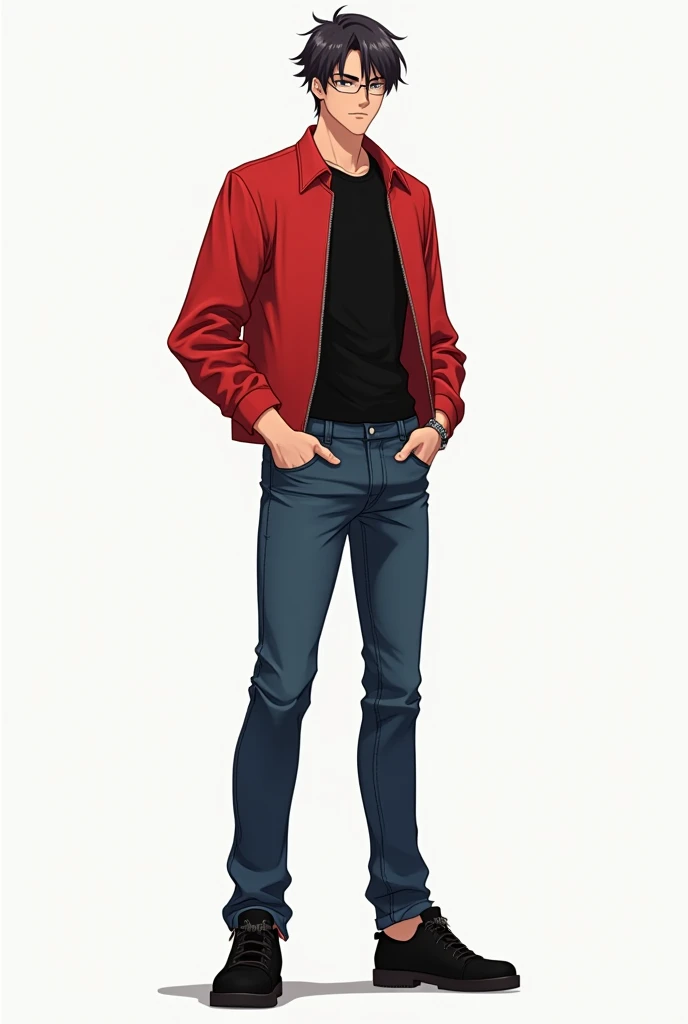 Gojo satoru wearing A plain black T-shirt, a pair of comfortable-looking jeans, and a red jacket. Slim