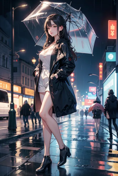 ( masterpiece , high definition, high resolution)  full body, light eyes and delicate and beautiful face ,  long wavy hair on your shoulders .  ultra detailed , beautiful breasts and hips ,  Beautiful legs . A pretty girl in the city on a rainy day wearing...