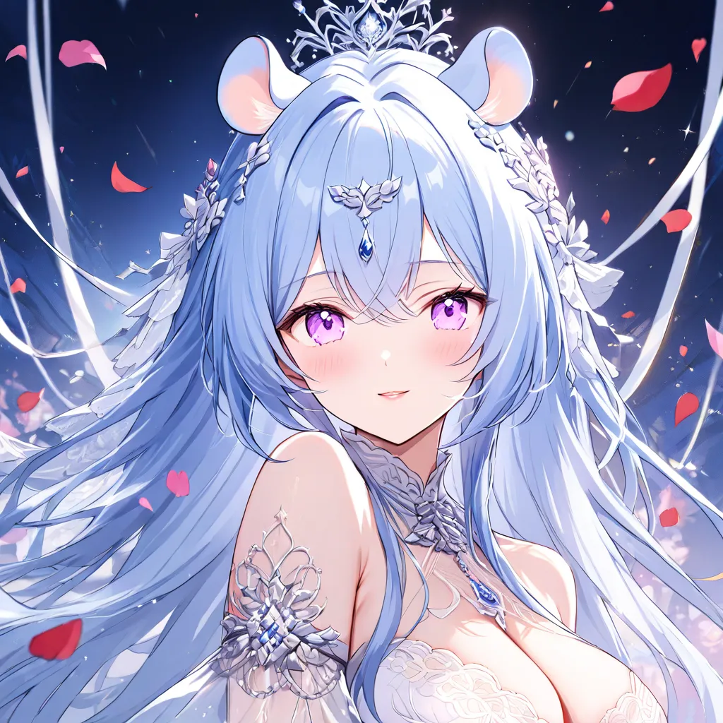 （（masterpiece）），（Top Quality））），is very detailed，Sexy Seductive Woman，（very delicate beautiful face），（beautiful eyes in every detail）， breasts covered with rose petals，（Chest，Silver/grey/Blue Hair），專注於Chest，專注於Chest，Exquisite Eyes，Exquisite decoration ， in...