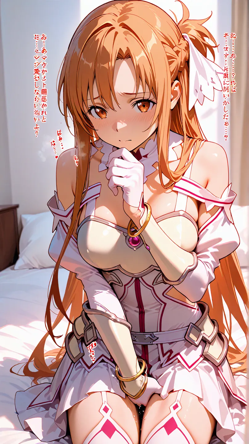 ddasuna, long hair, brown hair, braid, hair ornament, brown eyes, medium breasts, detached collar, armored dress, white dress, white armor, detached sleeves, white sleeves, bracelet, white gloves, garter straps, white thighhighs, Alone in bed, thinking of ...