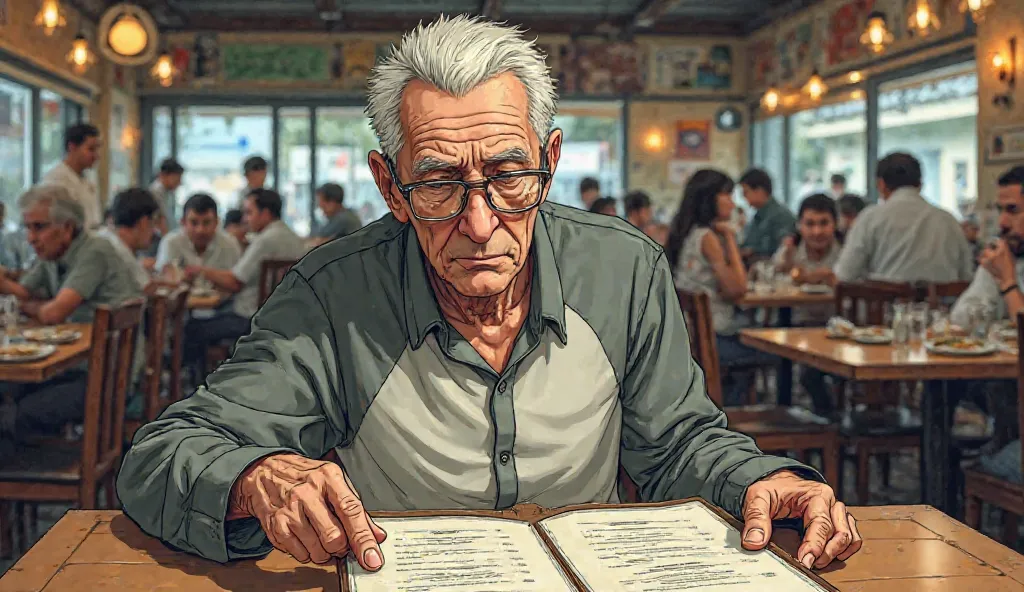 Create Manga image: An old man with short, white hair is wearing glasses, gray and white shirt, sitting at a table in a restaurant, looking at the menu, the restaurant is almost full. 