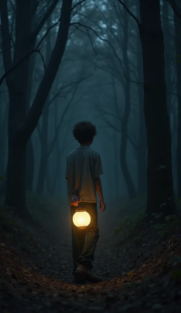 First scene - Jack Leen, a 10 -year -old boy with short, messy hair, wearing a simple blouse and pants, walking in the dark forest with a flashlight: "A scene in a dark forest and eneved at night with Jack Leen walking alone. The boy holds a lantern style,...