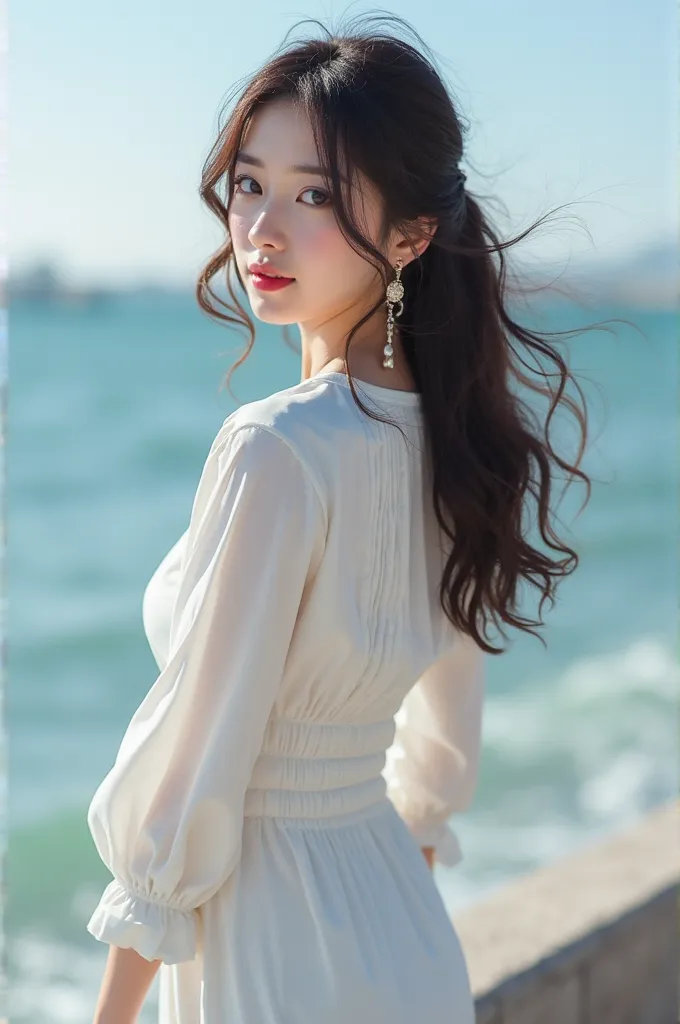 
(super realistic), (shape), (High Resolution), (8k), (very detailed), (Best shape), (Big beautiful double eyelids), (Top Quality), (very detailedな), (masterpiece), (wallpaper), (detailed face), Around town、sexy white long sleeve dress full body、A clear ba...