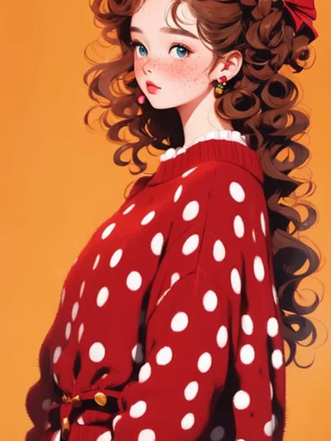 (masterpiece,  Woman:1.2),     A beautiful girl  ，soft hair curly hair， big bow ，polka dot sweater，  small freckles，