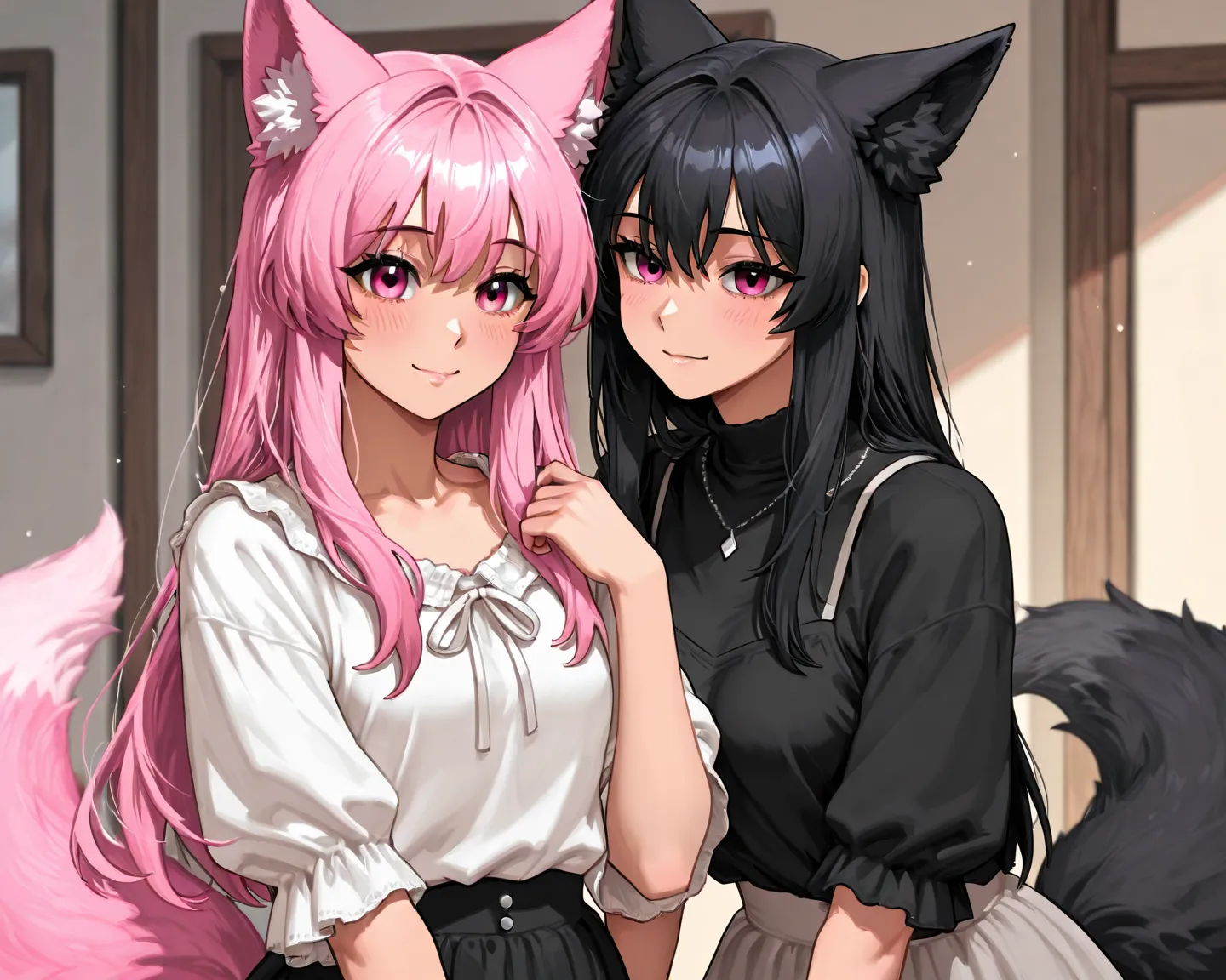  couple of twins, girl: Mizuki
Black hair with pink tips,  smooth and long up to her waist .
pink eyes, expressive, that convey a mix of sweetness and curiosity.
She has only fox ears, Without tails .
Calm and observant personality, but very affectionate w...