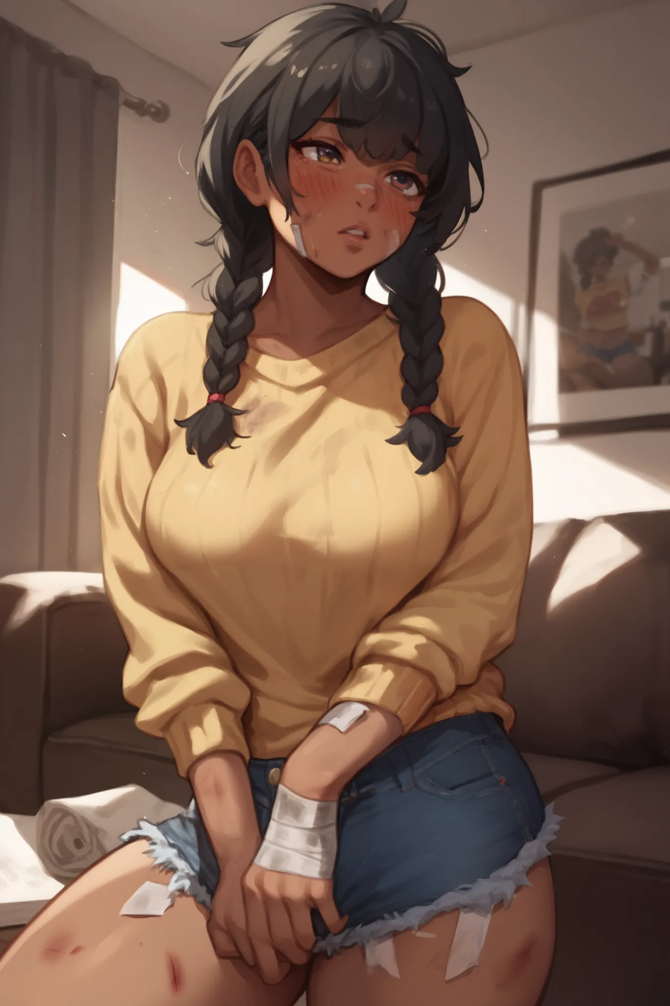 1 girl, short messy black hair, 4 small braids, bangs, dark skinned female, voluptuous, medium breasts, yellow sweater, denim shorts, blush lines, bandages, bruises, living room 