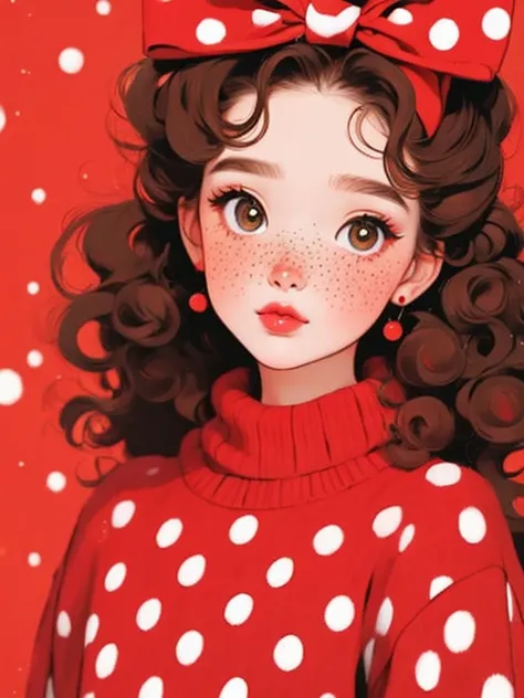 (masterpiece,  Woman:1.2),     A beautiful girl  ，soft hair curly hair， big bow ，polka dot sweater，  small freckles，