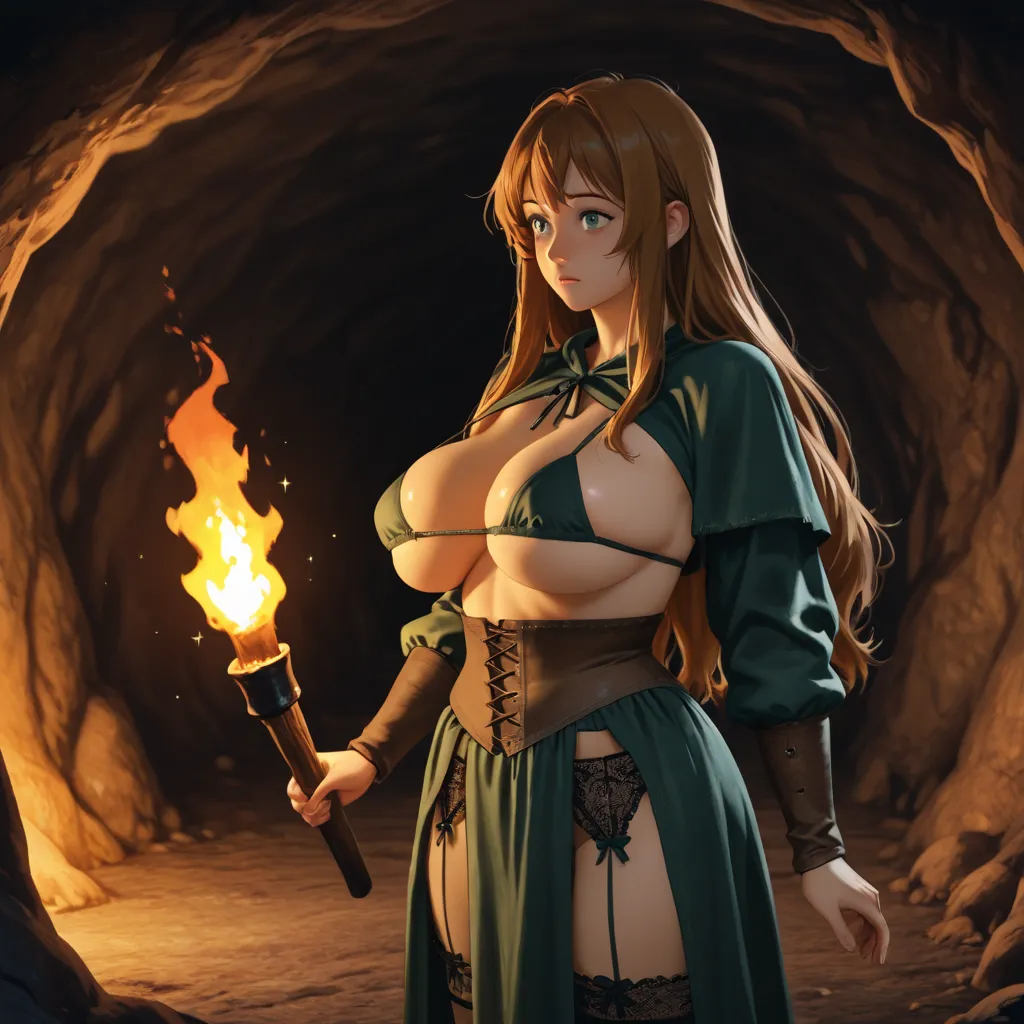 anime girl long hair , ,medieval image , middle-aged clothes,big boobs in a micro bra , medieval knickers, , high quality hair, high detail, skin slightly sparkles, in a cave in the dark,holding a torch 
