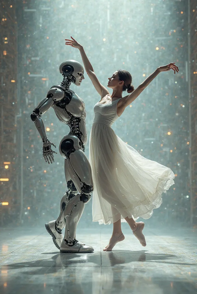 Sketch a picture about dancing of a human partner with a robot