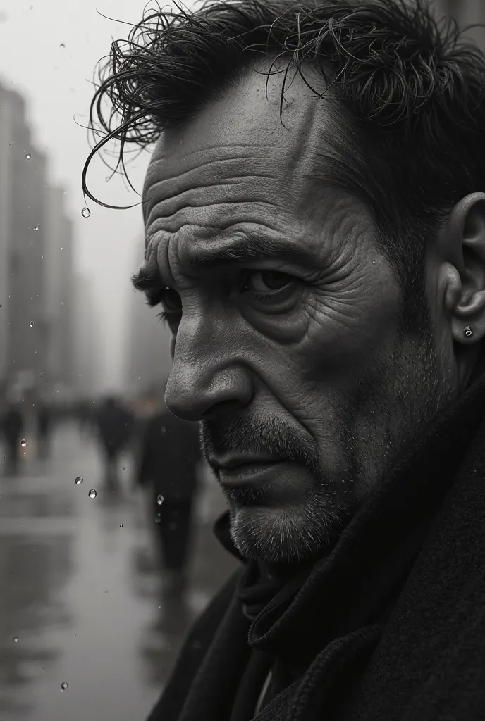 black and white face man on his forehead with a look of anguish in the foreground, Rain over the city in the background