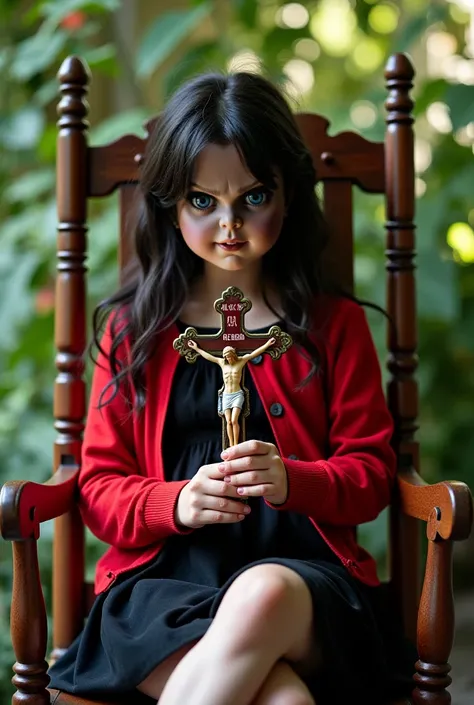 A demon-possessed girl holding in her hand a crucifix with the image of Jesus Christ inverted in the darkened hardwood frame with a red cardigan and a black dress sits confidently in a vintage wooden rocking chair with elaborate carvings.,  her elegantly c...