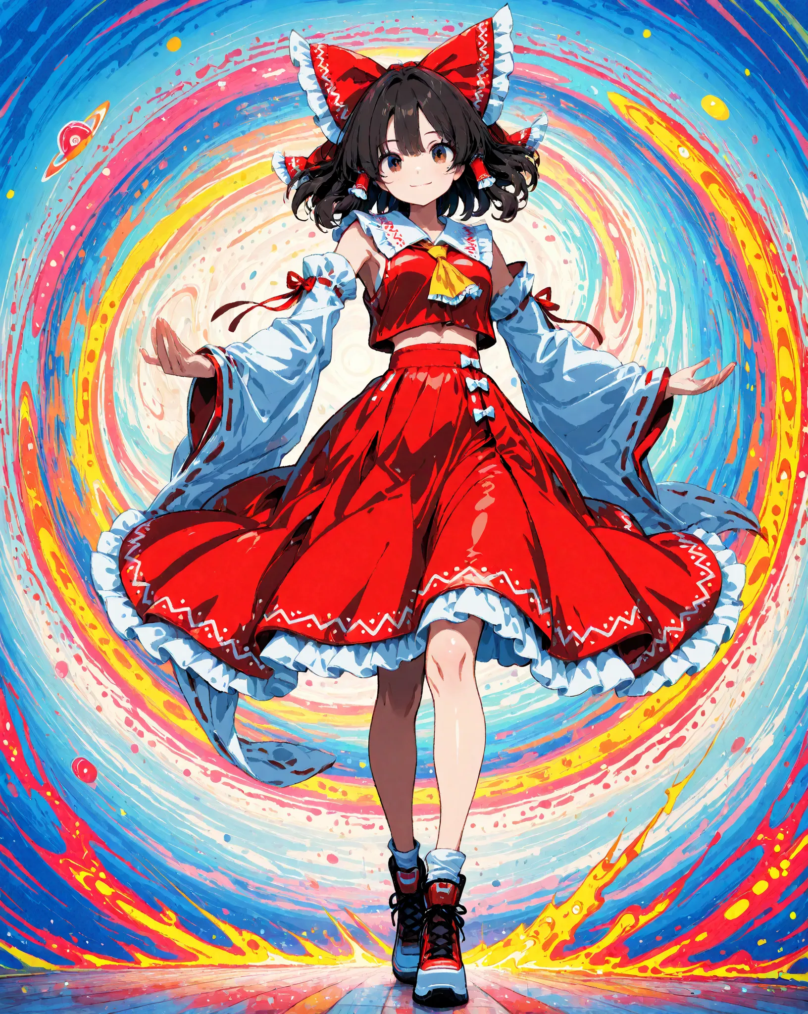 masterpiece, best quality, ultra-detailed,trk,pop art,SagawaStyle,Cute 1girl\(rem \(hakurei reimu,cyan eyes,light smile\),(dynamic pose:0.25) ,full body shot,masterpiece, best quality, 8k, highres, ultra-detailed,HDR, UHD, professional, vivid colors