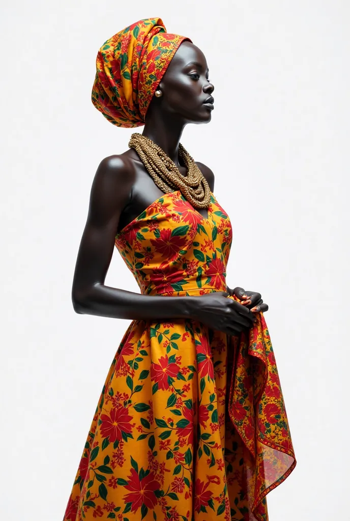 Une jeune mannequin africaine en tenue traditionnelle vibrante, portant un pagne coloré et un foulard assorti. Elle pose avec confiance, un mètre ruban autour du cou, et affiche une expression inspirée en regardant droit devant elle. Elle tient délicatemen...