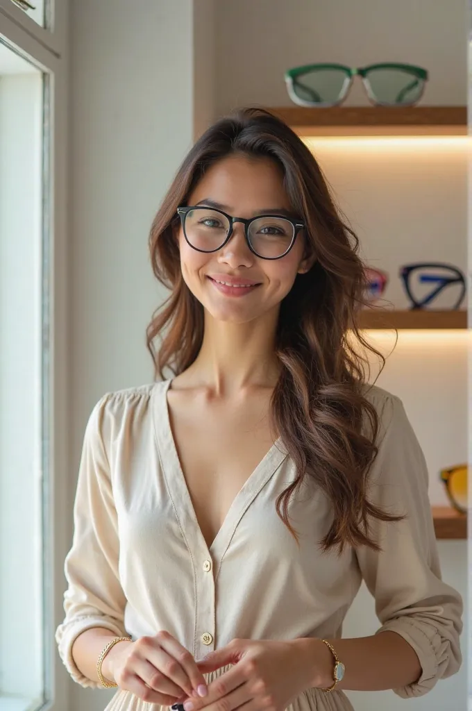 Create a highly realistic image of a beautiful young woman with delicate features and a warm, pleasant smile. She is wearing traditional prescription glasses with a simple yet elegant frame in the colors of Brazil: green, blue, white, and yellow. The glass...