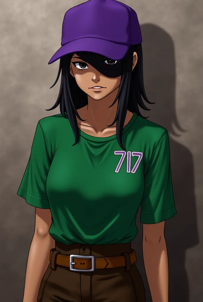 Make this character:

He has deep black eyes, he is brown

He wears a green blouse numbered 717, a mask covering part of the face and a purple cap and brown pants with a belt.

Style: anime 