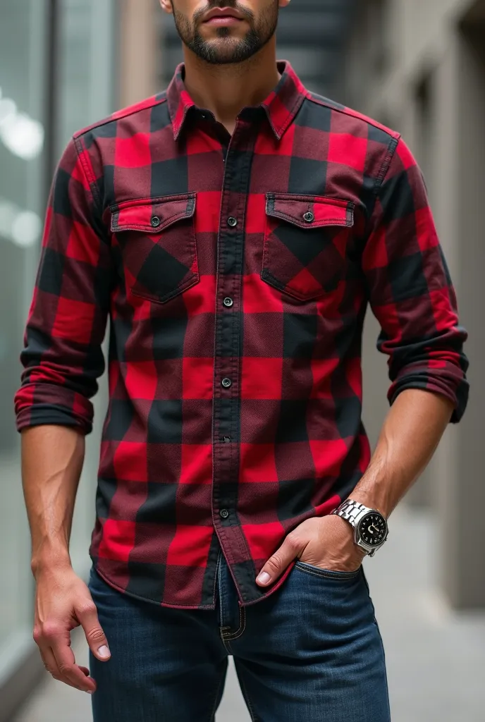 Men's black and red plaid shirt , jeans and watch