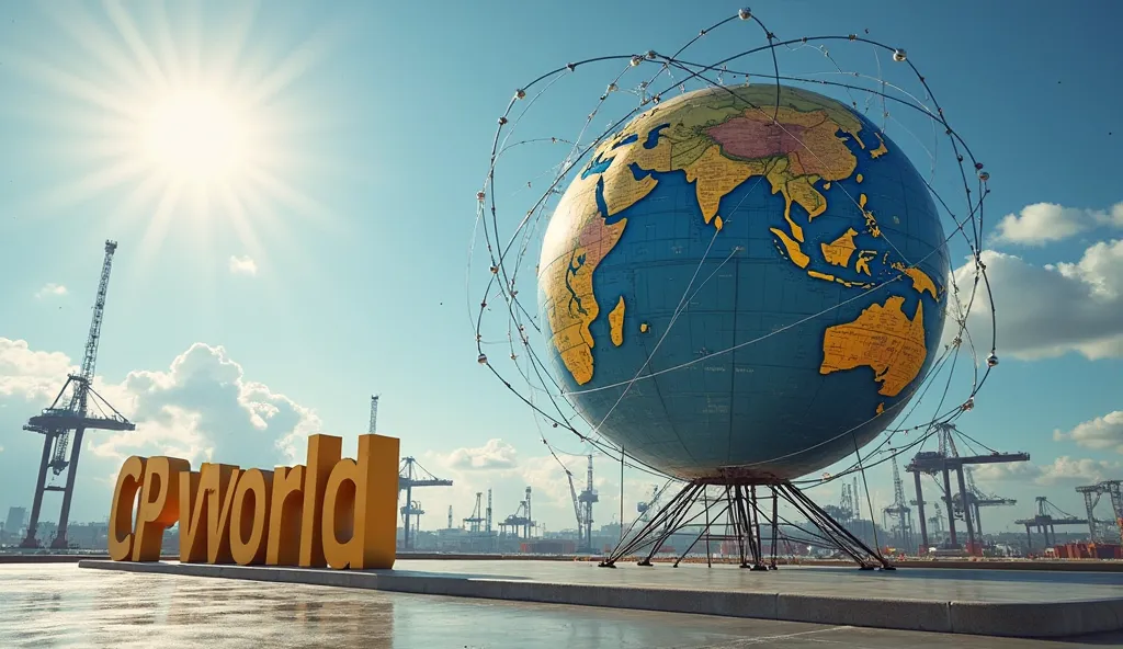 Angled aerial photography. A cinematic shot from a cargo port with a big standing 3d globe map with connecting lines , beside the globe is  the letters 'CP world egypt' in 3d , under the bright midday sun. Shot with a wide lens from a slight side perspecti...