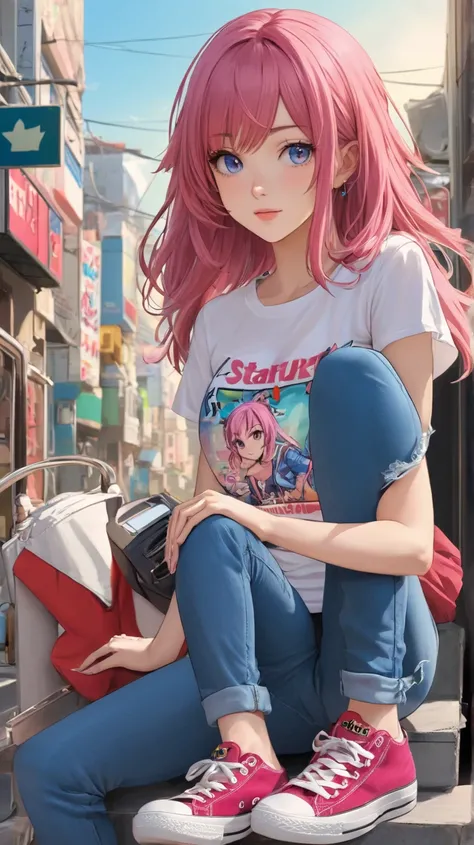  anime girl t-shirt, dark pink hair with a blue lock, light red eyes, he wears a tight shirt and a blue jean, is of short stature, Da un aire de rockstar, She is sitting while holding her sneakers