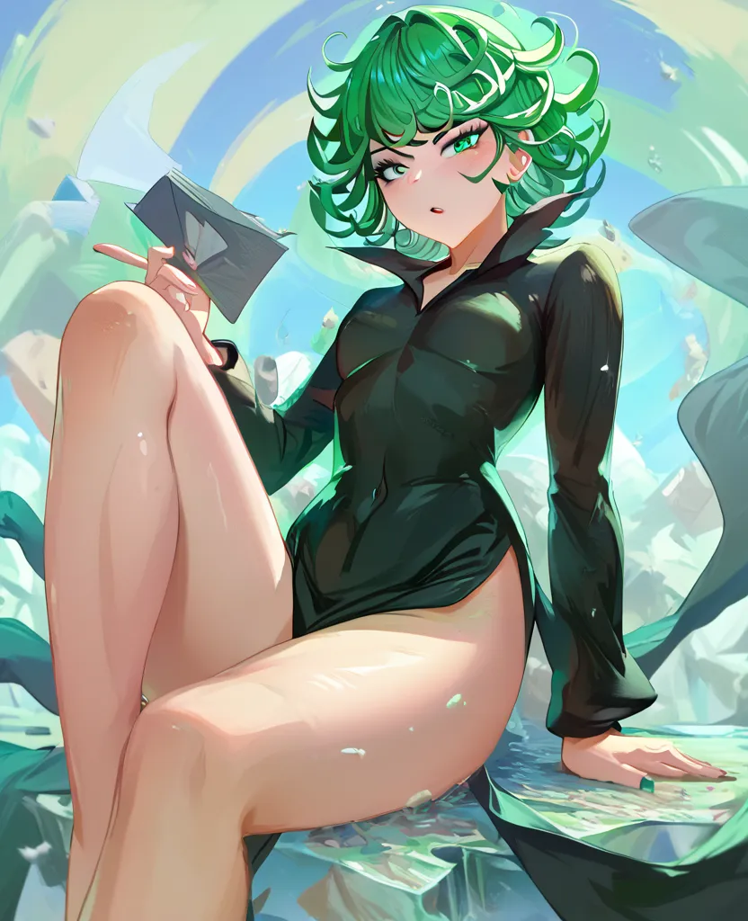 NSFW,masterpiece, best quality , high resolution, very detailed,Tatsumaki、 green hair、 green eyes、 black dress 、 short hair while on a business trip、Curly Hair、 thighs