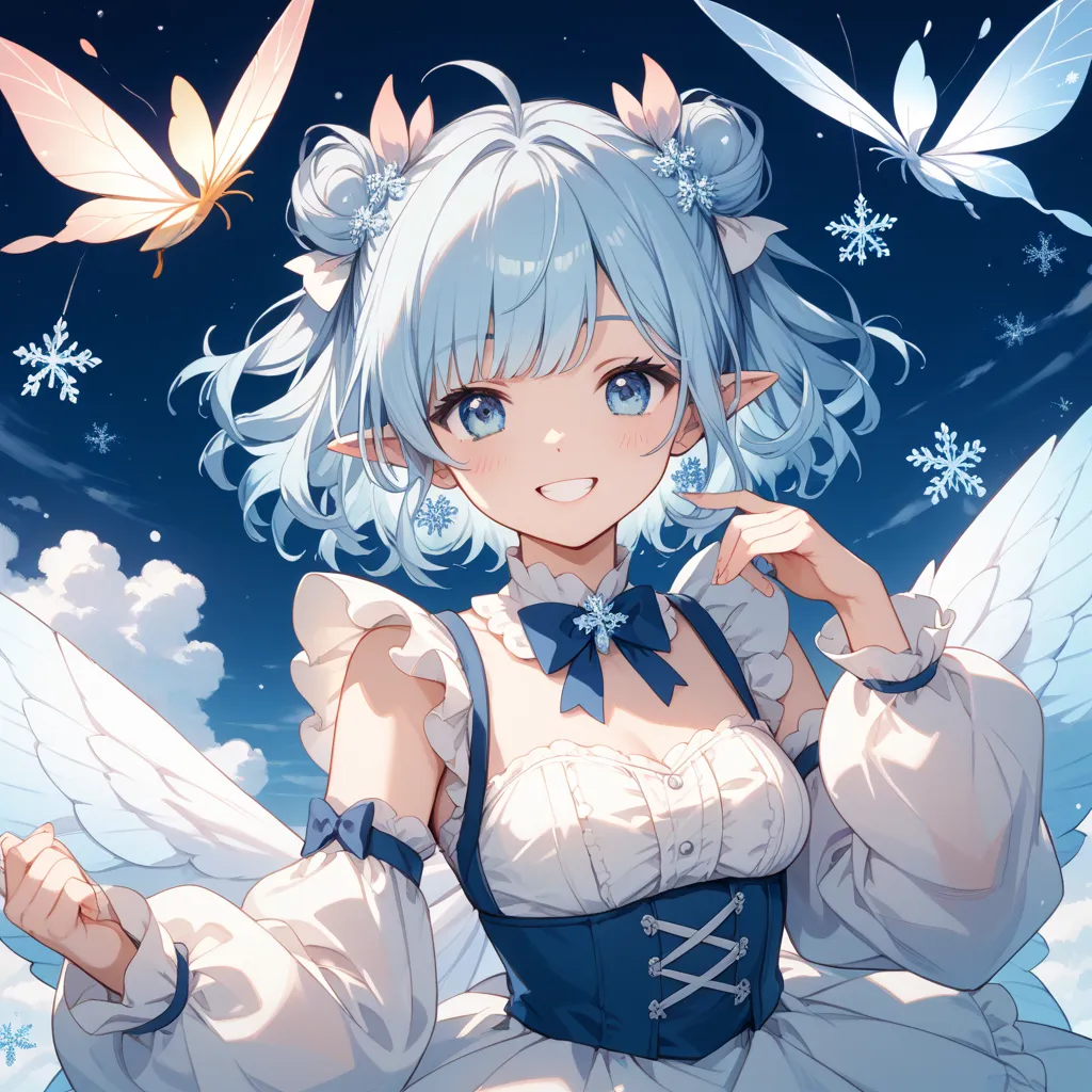 it looks like a small and cute fairy Design a character。This fairy is、wears a fluffy white costume、gentle smile。has light pink or light blue hair and a、with a texture that reflects a slight light。The wings are transparent white with fine snowflake-like pat...