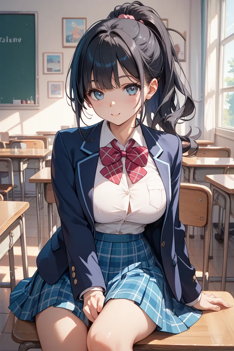 busty schoolgirl、black hair ponytail　、 blue checkered skirt 、cute、blazer